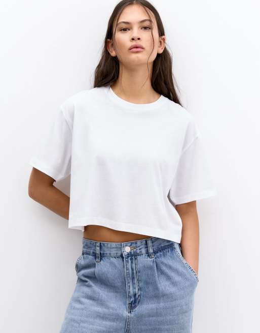 Pull&Bear – Kurzärmliges, kastiges T-Shirt in Weiß