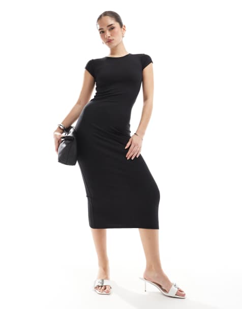 Pull&Bear – Kurzärmliges Polyamid-Midikleid in Schwarz - view 1