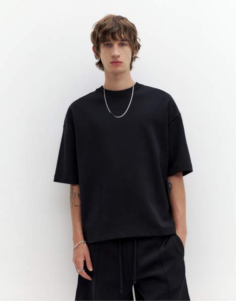 Pull&Bear – Kurzärmliges, schweres T-Shirt aus Interlock-Stoff in Schwarz - view 1