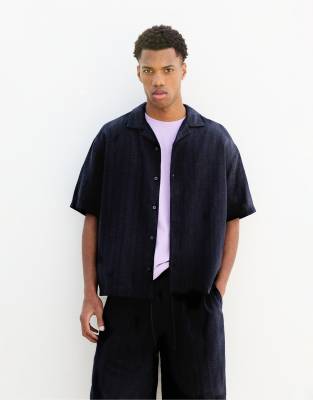 Kurzärmliges, strukturiertes Hemd in Marineblau-Navy Navy M