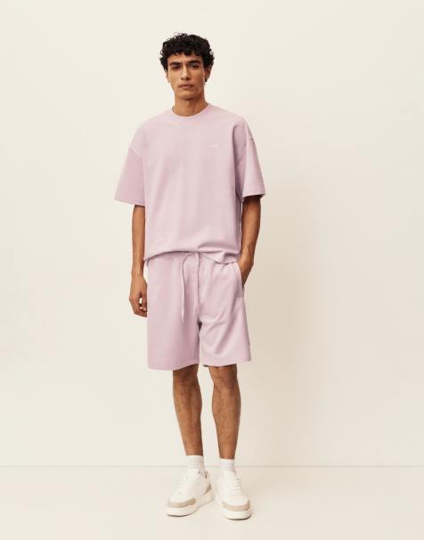 Pull&Bear – Kurzärmliges T-Shirt aus schwerem Material in Rosa mit Logo - view 1