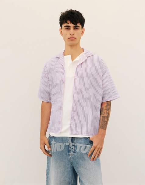 Pull&Bear – Kurzärmliges T-Shirt in gestreiftem Rosépink - view 1