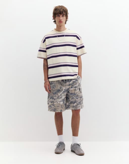 Pull&Bear – Kurzärmliges T-Shirt in Weiß gestreift, 3 von 4