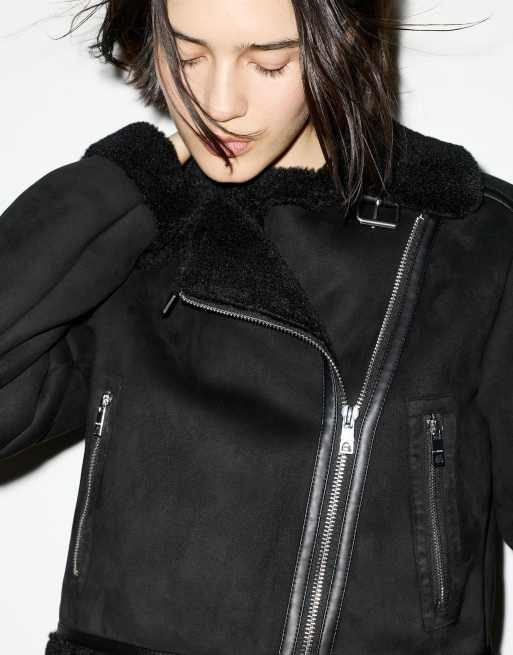 Lederjacke Double Fleece Bikerjacke Black Leather Jacket Double