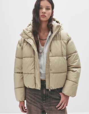 Pull & Bear - Kurze Pufferjacke in Blassgrün mit Kapuze
