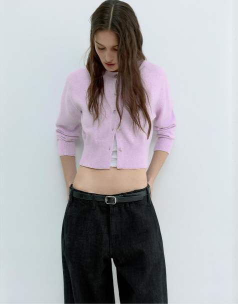 Pull&Bear – Kurze Strickjacke in Flieder mit Knopfleiste - view 1