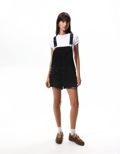 Pull&Bear – Kurzer Overall aus Denim in Schwarz in zerrissener Optik - view 1