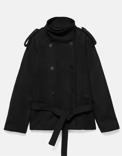 Pull&Bear kurzer Trenchcoat aus Filz mit Gürtel in Schwarz mit Wolle, 5 von 7