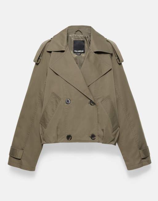 Pull&Bear kurzer Trenchcoat mit Ballon-Schnitt in Dunkelkhaki, 6 von 6