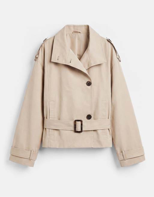 Pull&Bear kurzer Trenchcoat mit Gürtel in Beige, 6 von 7