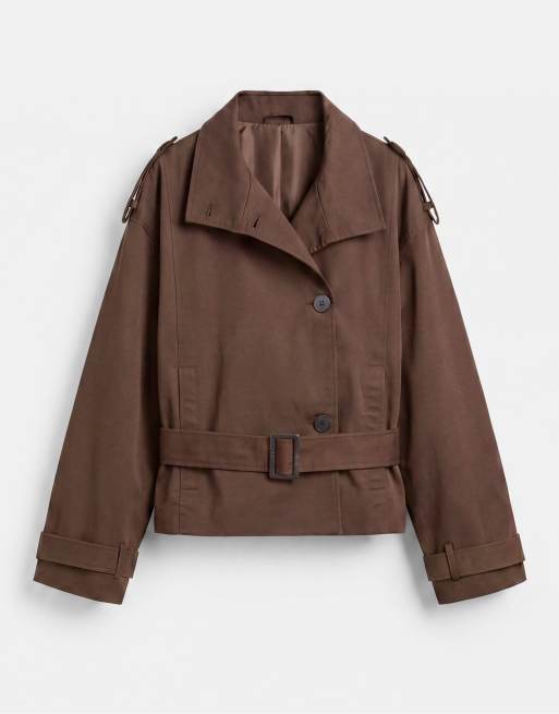 Pull&Bear kurzer Trenchcoat mit Gürtel in Braun, 5 von 7