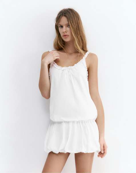 Pull&Bear – Kurzes Ballonkleid in Weiß - view 1