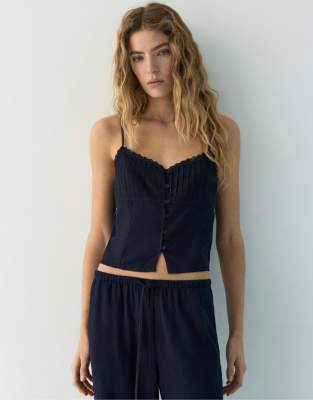 Kurzes Camisole-Oberteil in Marineblau mit Spitzenbesatz-Navy Navy XS
