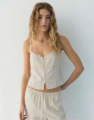Kurzes Camisole-Oberteil in Sand mit Spitzenbesatz-Neutral Neutral M