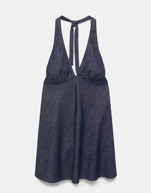 Pull&Bear – Kurzes Denim-Neckholderkleid in Dunkelblau, 5 von 6
