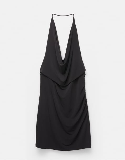 Pull&Bear – Kurzes, drapiertes Neckholder-Kleid in Schwarz - view 1