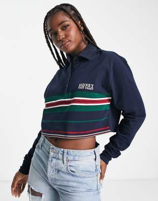 Pull & Bear - Kurzes, gestreiftes Polohemd in Marineblau-Neutral