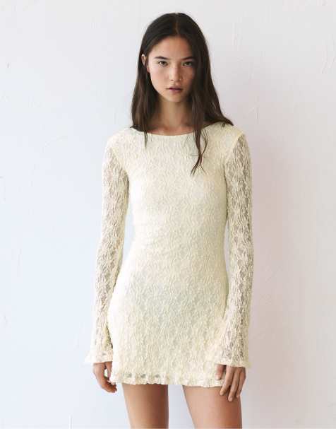 Pull&Bear – Kurzes, langärmliges Kleid aus Spitze in Beige - view 1