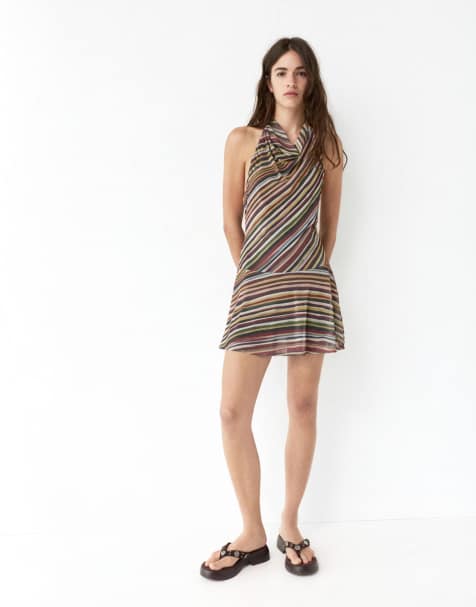 Pull&Bear – Kurzes Neckholder-Kleid mit Streifen - view 1