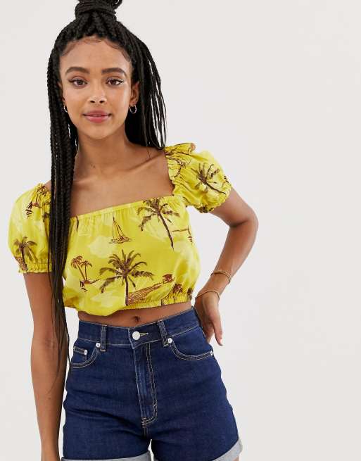 Pull&Bear – Kurzes Oberteil mit eckigem Ausschnitt und Hawaiimuster
