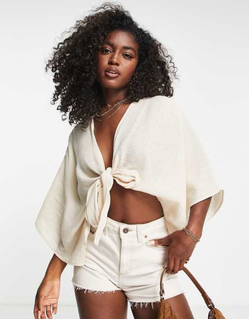 Pull&Bear – Kurzes, rustikales Kimono-Oberteil aus Leinen in Ecru mit Bindedetail vorne