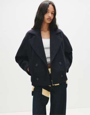 Pull & Bear - Kurzmantel in Marineblau mit Filzstruktur