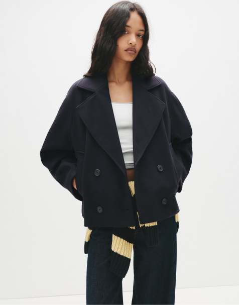 Pull&Bear – Kurzmantel in Marineblau mit Filzstruktur - view 1