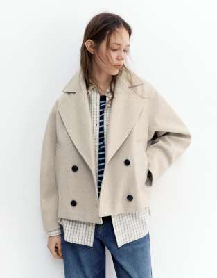 Pull & Bear - Kurzmantel in Sand mit weicher Filzstruktur-Neutral