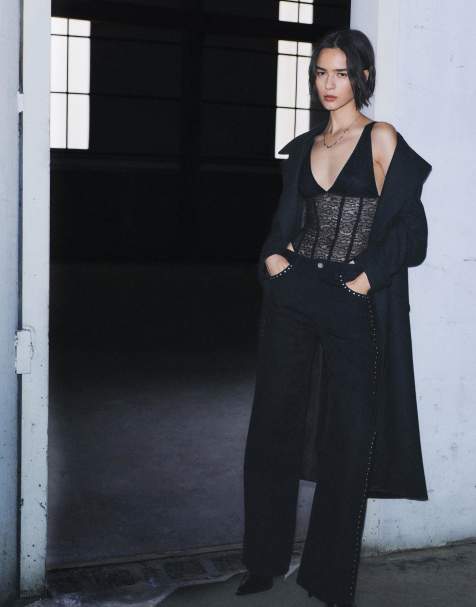 Pull&Bear Lace corsetry-inspired strappy bodysuit in black - view 1