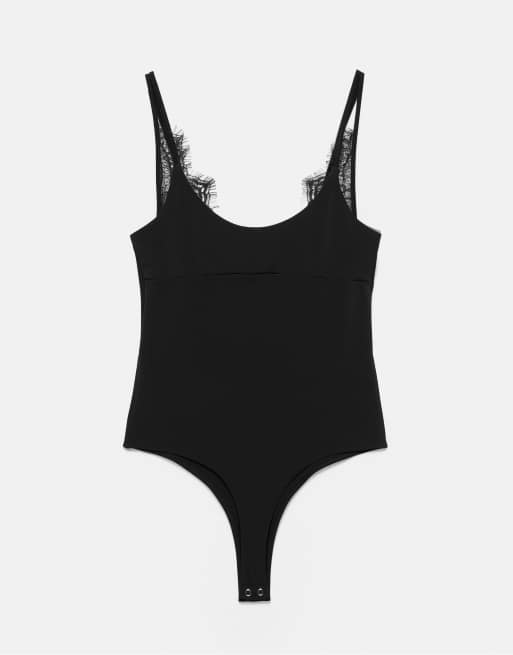 Pull&Bear Lace-detail strappy bodysuit in black, 4 of 6