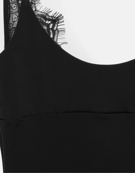 Pull&Bear Lace-detail strappy bodysuit in black, 5 of 6