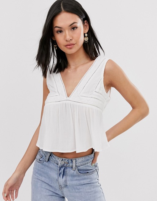 Pull&Bear lace detail top in off white