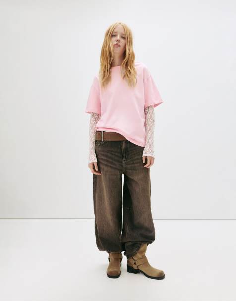 Pull&Bear Lace double-layer sleeve t-shirt in pink - view 1