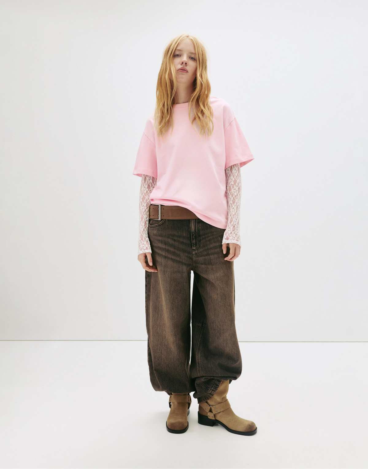 Pull&Bear Lace double-layer sleeve t-shirt in pink