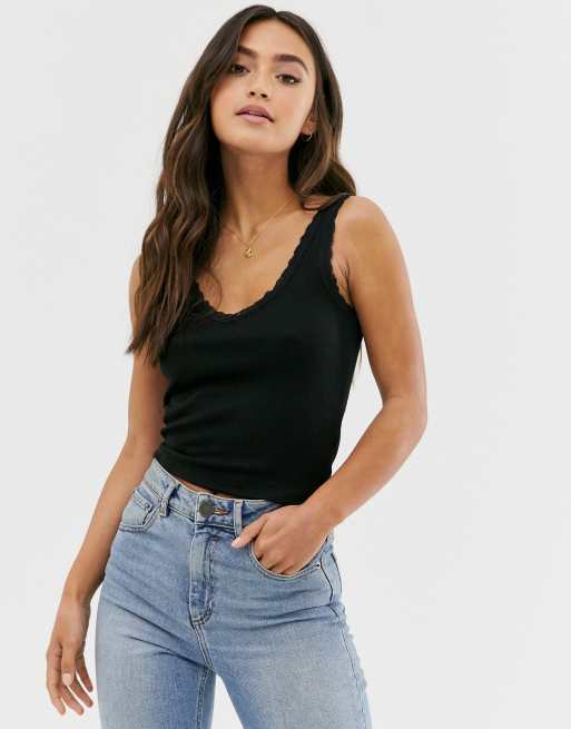 Pull&Bear lace edge vest in black