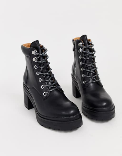 Pull&Bear lace front boots with cleated sole in black | ASOS