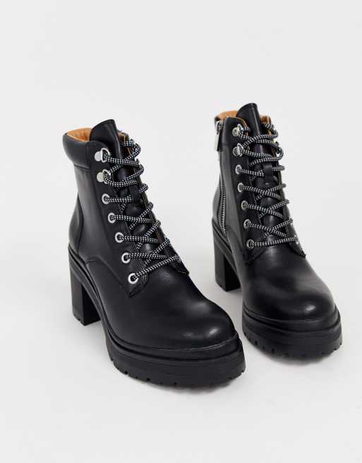 Pull&Bear lace front boots with cleated sole in black