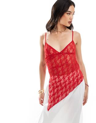 lace strappy cami with asymmetric hem in red