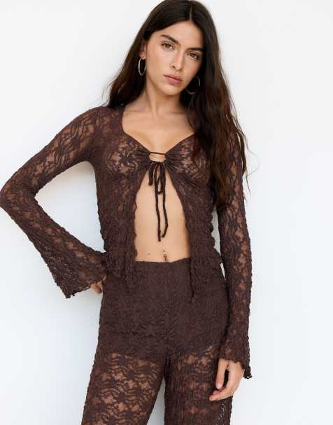 Pull&Bear lace top with front tie in brown - view 1