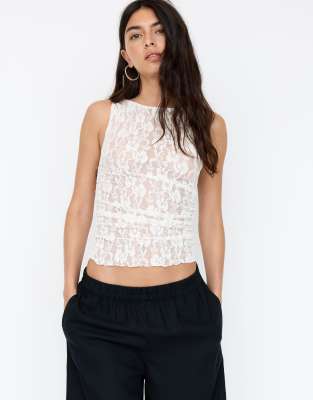 Pull&Bear lace top with gathered sides in beige - view 1