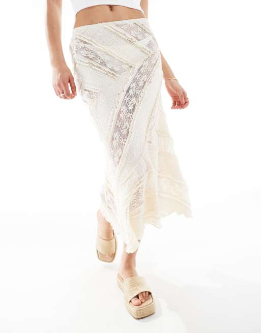 Pull&Bear lace top with split asymmetric hem in white
