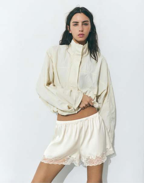 Pull&Bear Lace trim camisole shorts in beige - view 1