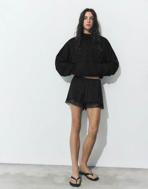 Pull&Bear Lace trim camisole shorts in black - view 1