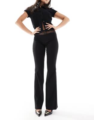 Pull & Bear Lace Trim Flare Pants In Black