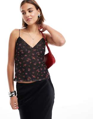 Pull & Bear Lace Trim Mesh Cami In Black Floral Print
