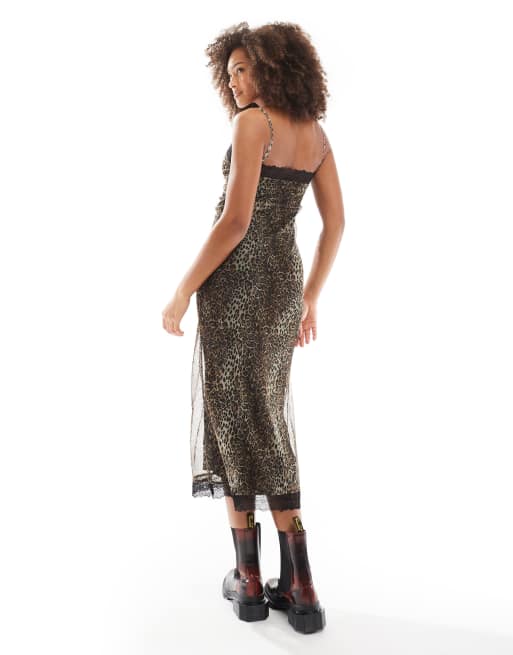 Pull Bear lace trim mesh midi dress in leopard print