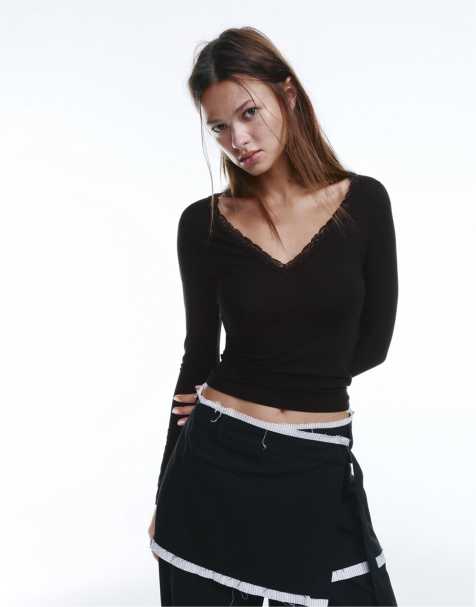 Pull&Bear Lace trim neckline t-shirt in black
