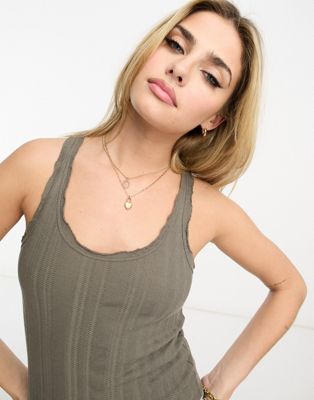 Pull&Bear lace trim pointelle top in khaki