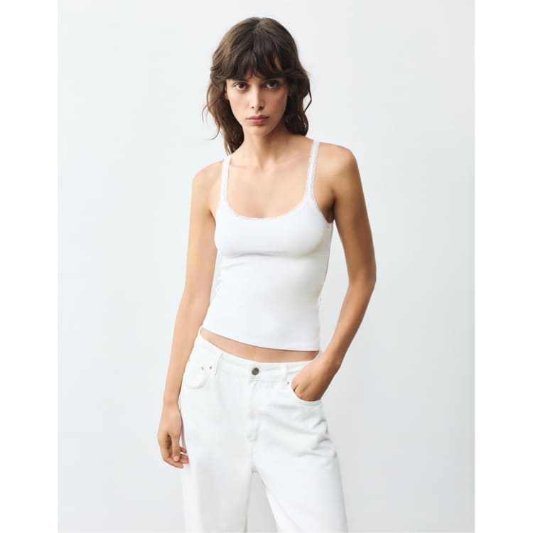 Pull&Bear Lace-trim tank top in white | ASOS