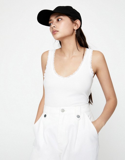Pull&Bear lace trim vest in white